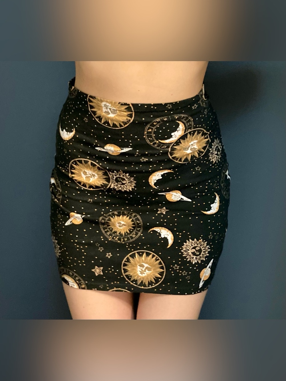 Motel Rocks Celestial Bronze Black Sun Moon Stars High Waist Mini Skirt XS 90s